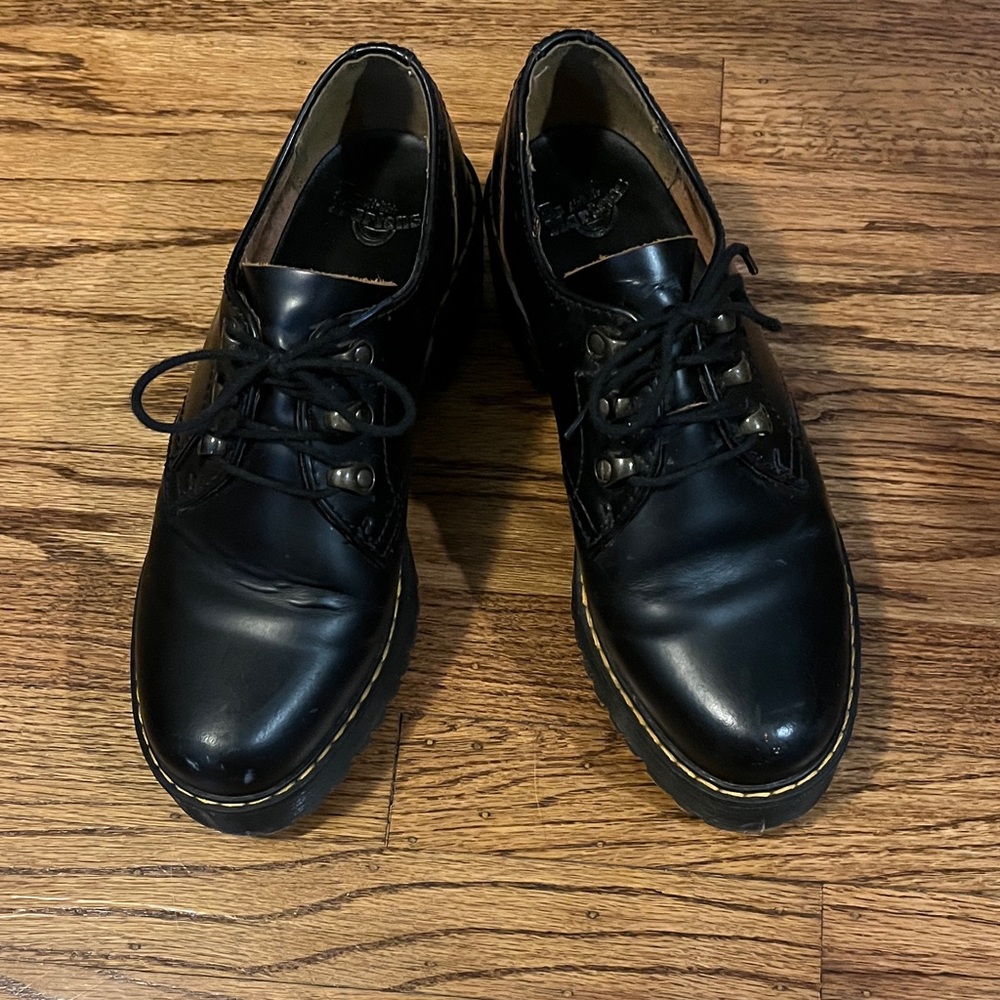 Dr. Martens Black Leather Lace-Up Oxfords with Yellow Welt Stitching
